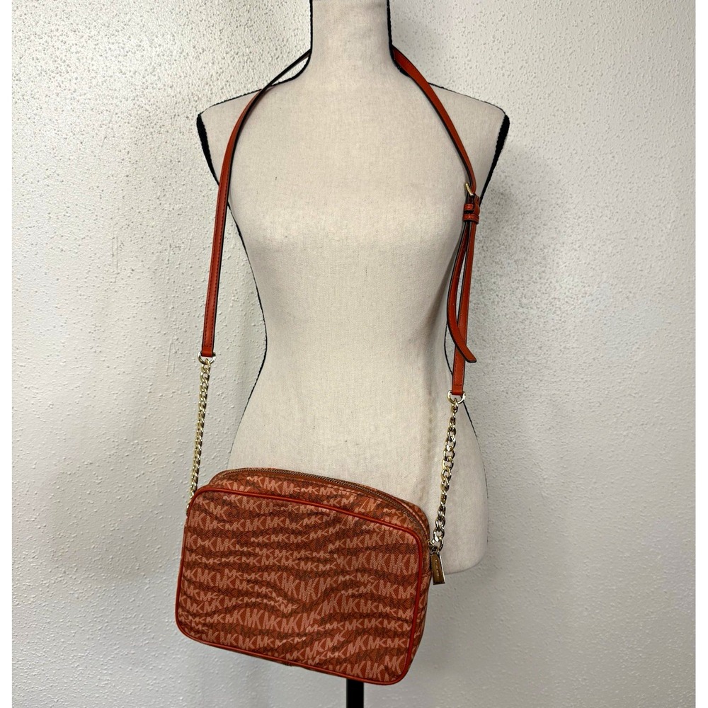 Michael Kors MK Logo Brown Coated Zip Crossbody Bag Gold Hardware Detach Strap